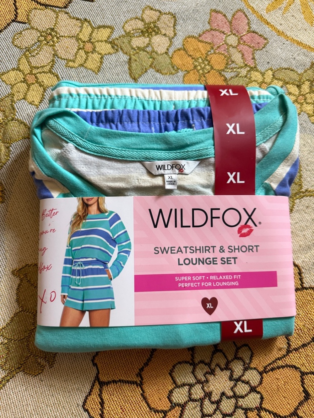 WILDFOX Teal, Turquoise & Blue Striped Sweatshirt & Short Lounge Set - XL